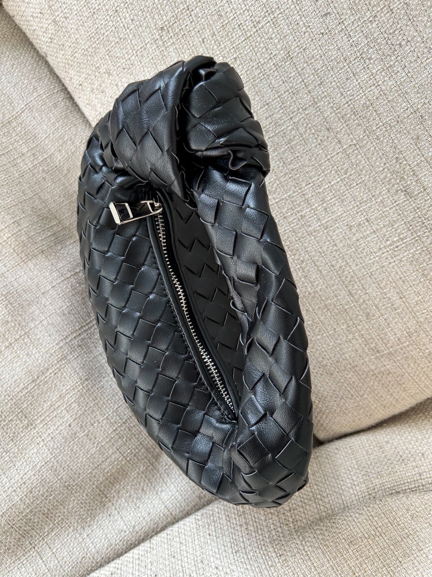 Glamorous Black Clutch in Woven Design with Silver Zip