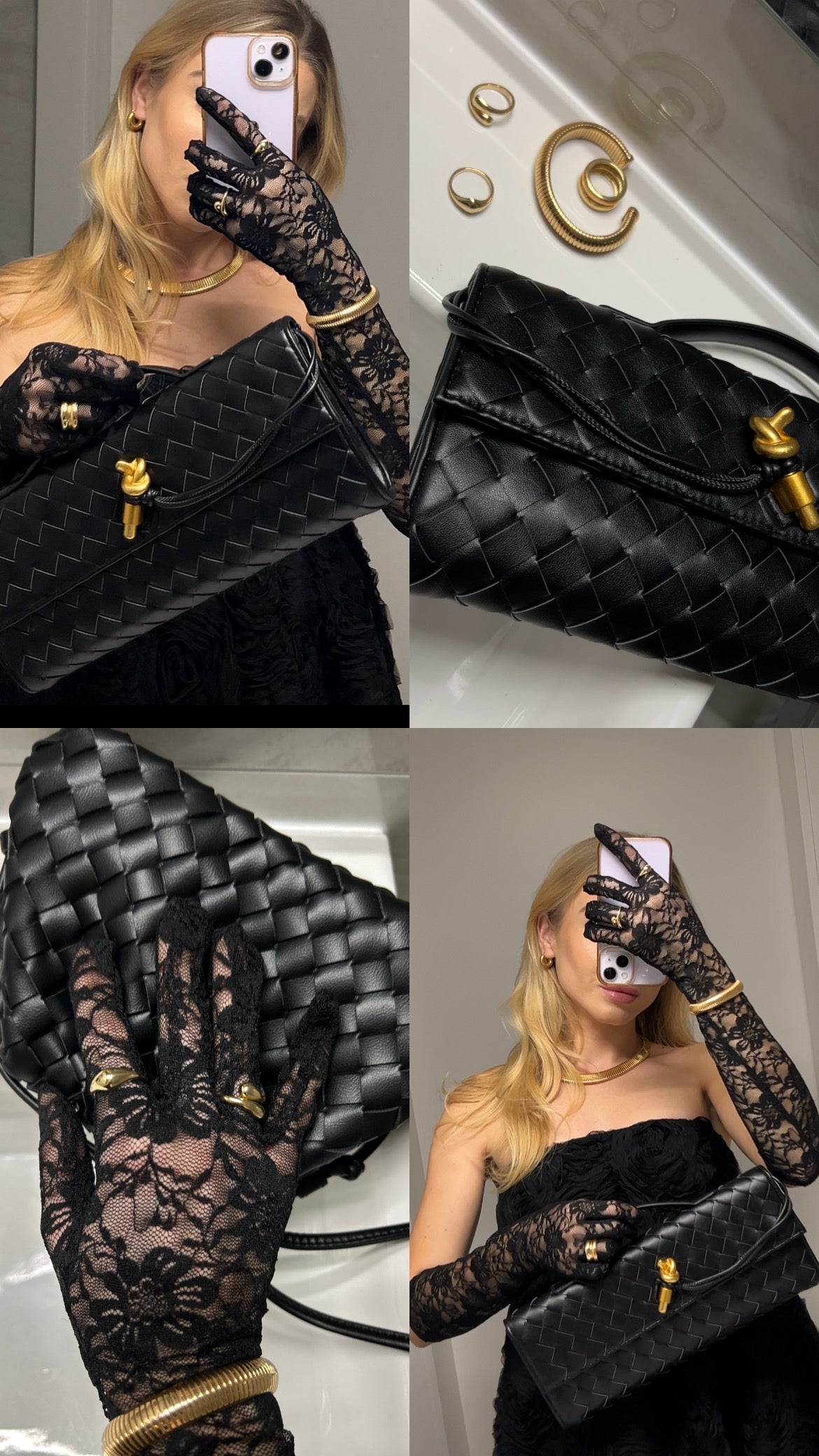High-end Black Woven Clutch with Gold Pin Detail Braided Evening Bag
