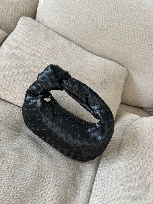 Glamorous Black Clutch in Woven Design with Silver Zip