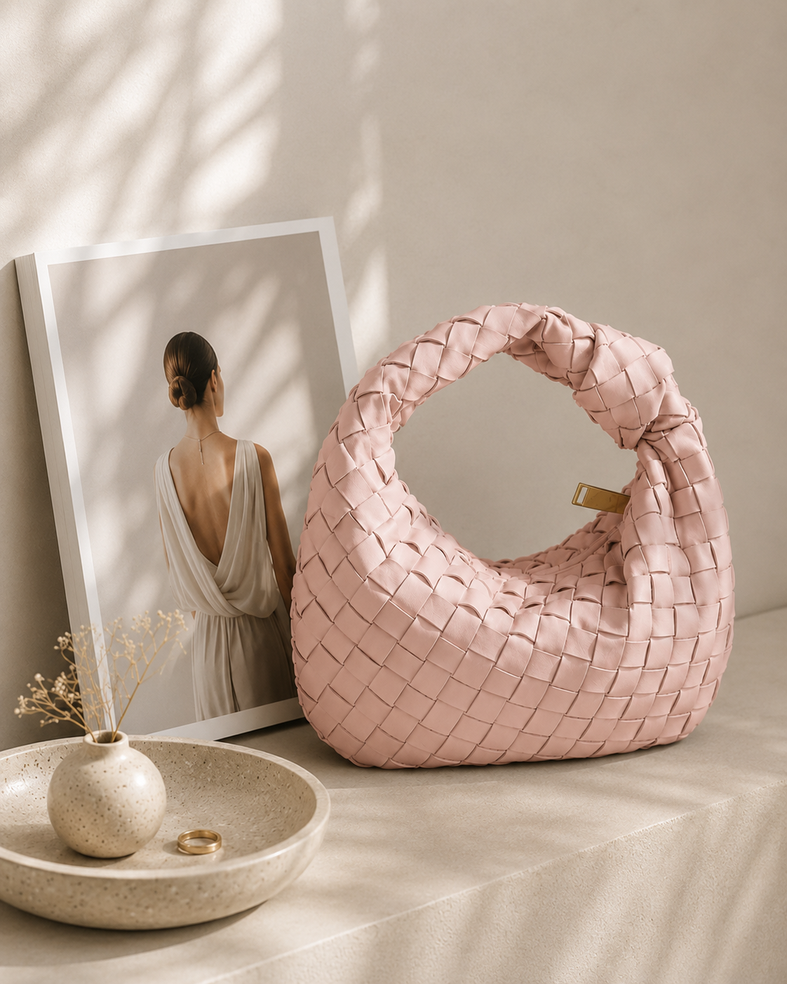 Blush Pink Woven Clutch Bag | Elegant Vegan Leather Designer-Inspired Handbag