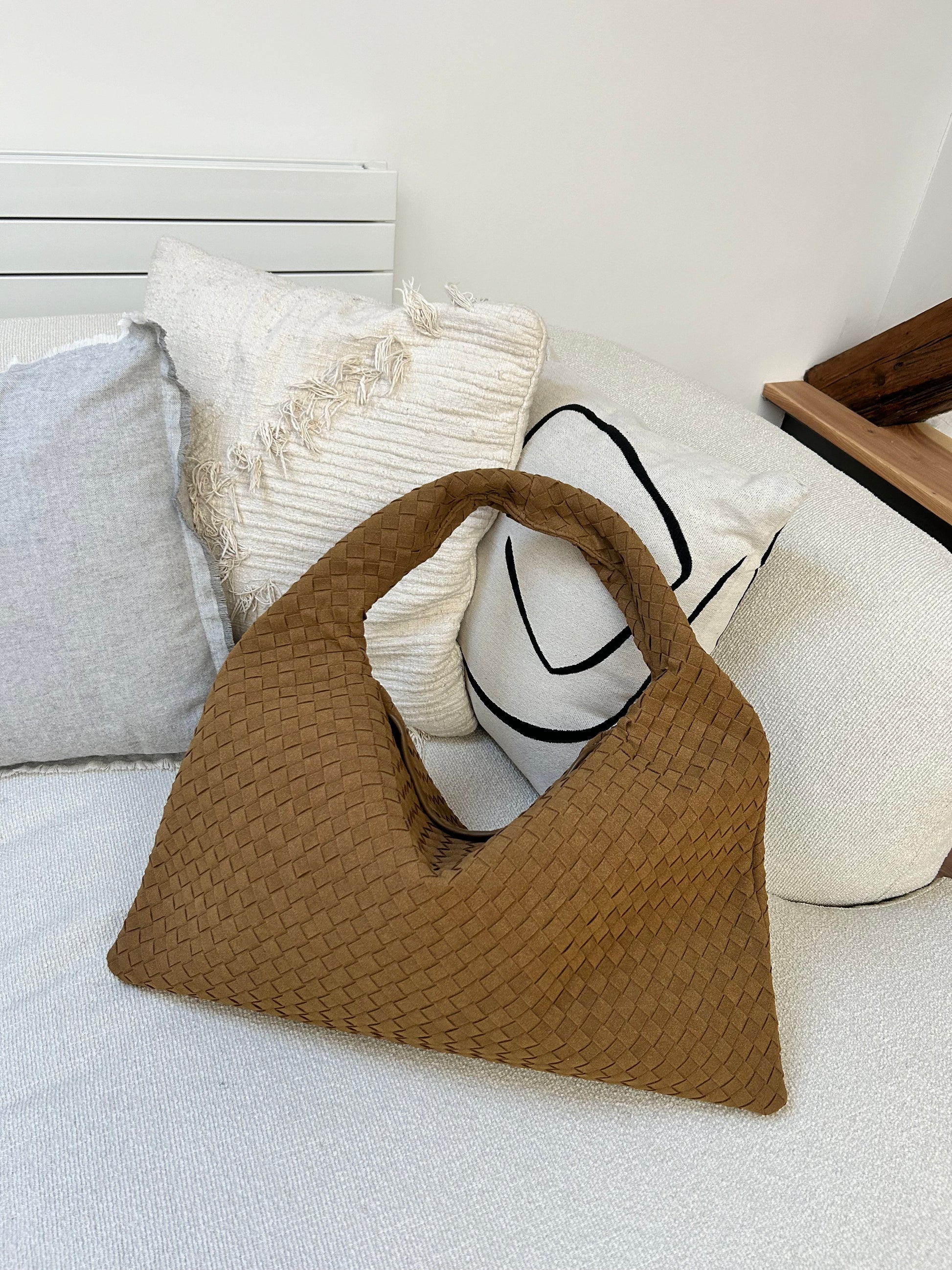 Caramel woven vegan suede tote bag suitable for laptop and travel