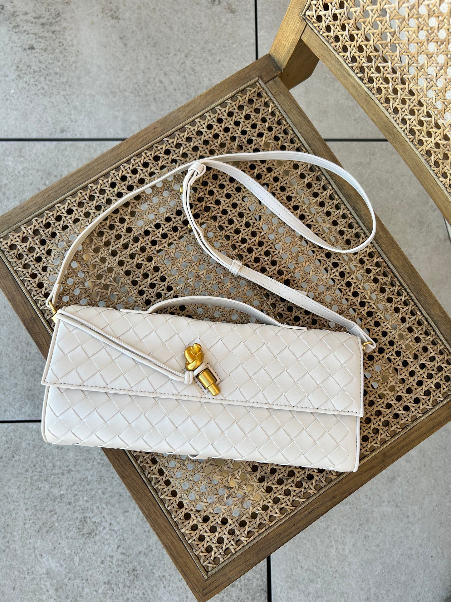 Cream Woven Crossbody Clutch | Vegan Leather Luxury-Inspired Handbag