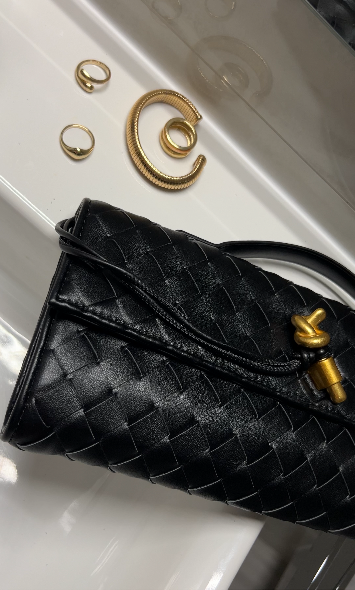 High-end Black Woven Clutch with Gold Pin Detail Braided Evening Bag