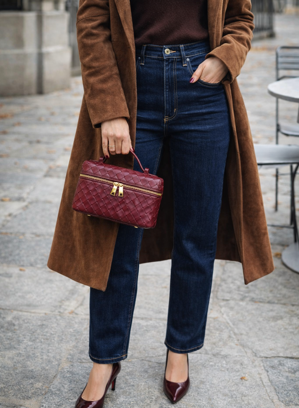 Luxusní vínová strukturovaná kabelka s krátkým uchem a gold hardware kombinovaná s hnědým kabátem a tmavým denimem, podzimní elegantní look.