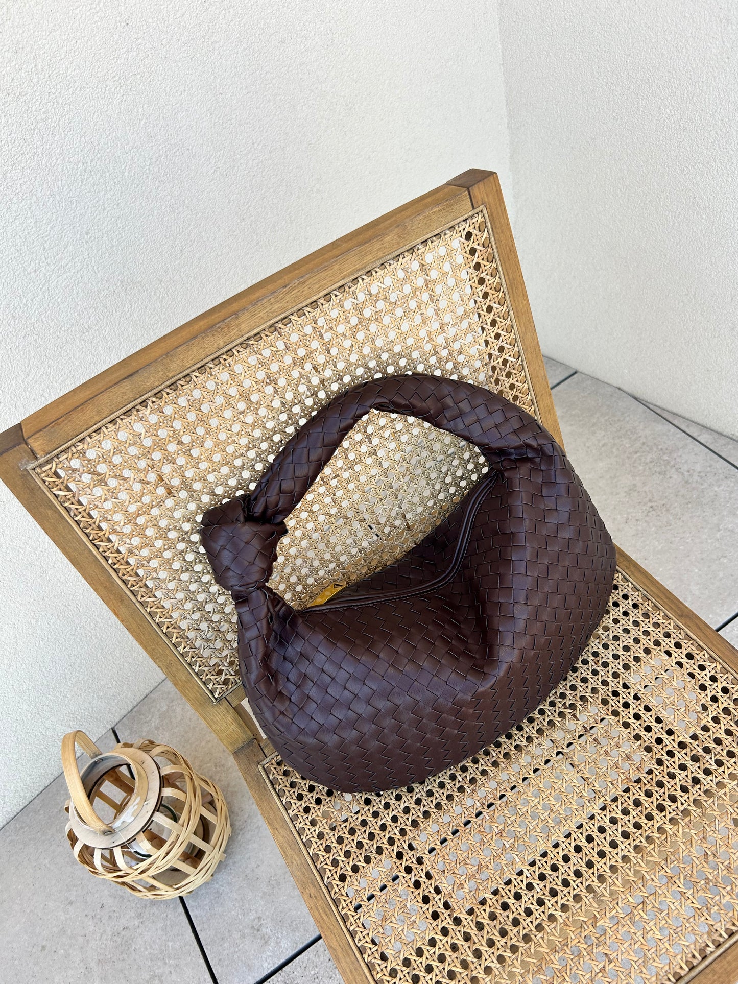 Minimalist Woven Shoulder Bag in Chocolate Brown
