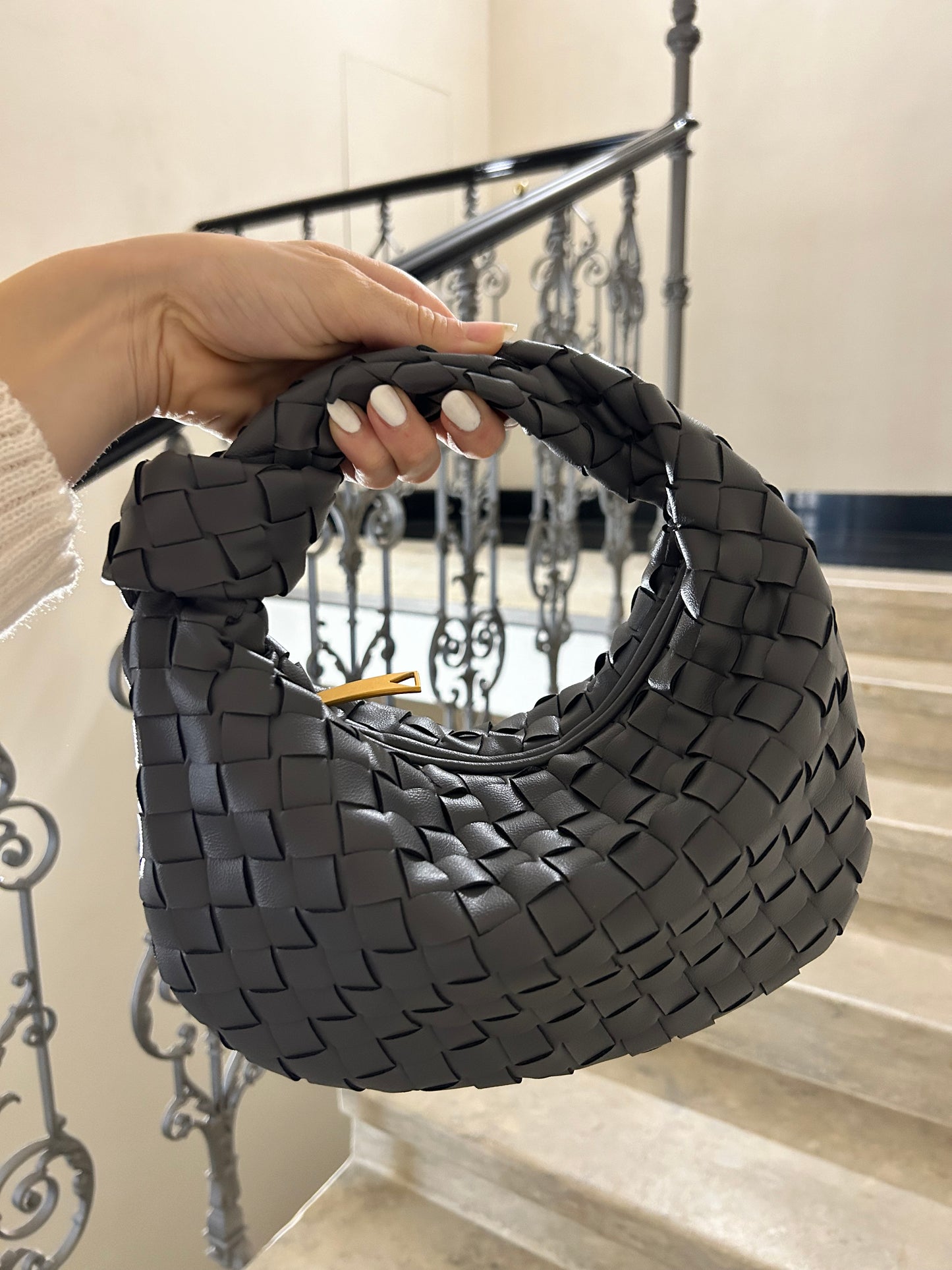 Minimalist grey evening clutch with woven texture