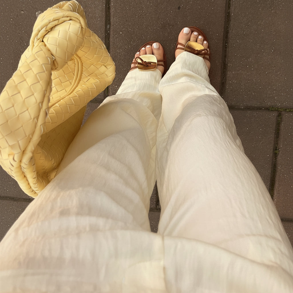 Person wearing white pants and sandals with a yellow woven shoe on a dark tiled floor.