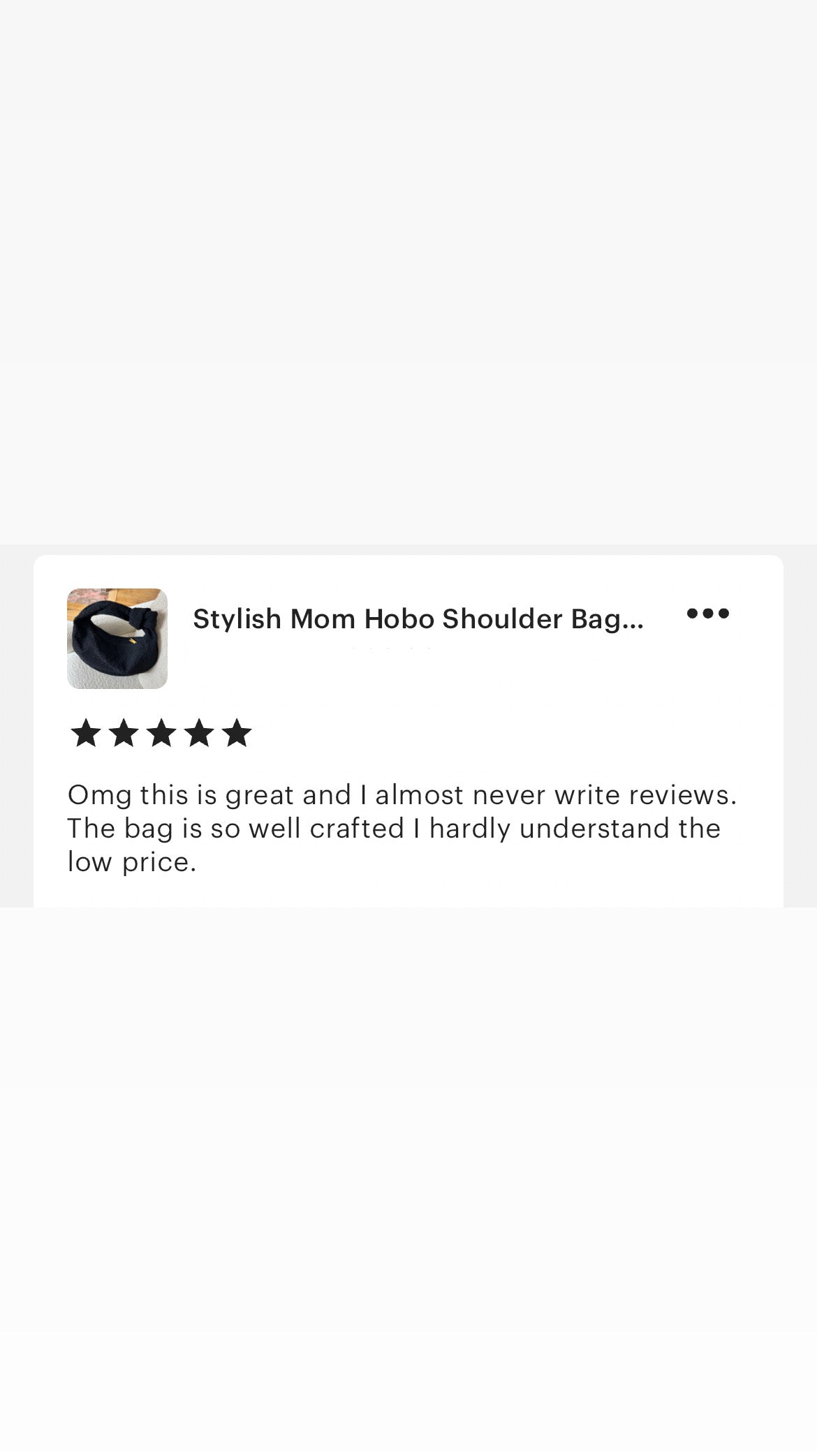 Product review for a stylish mom hobo shoulder bag with text and star rating.