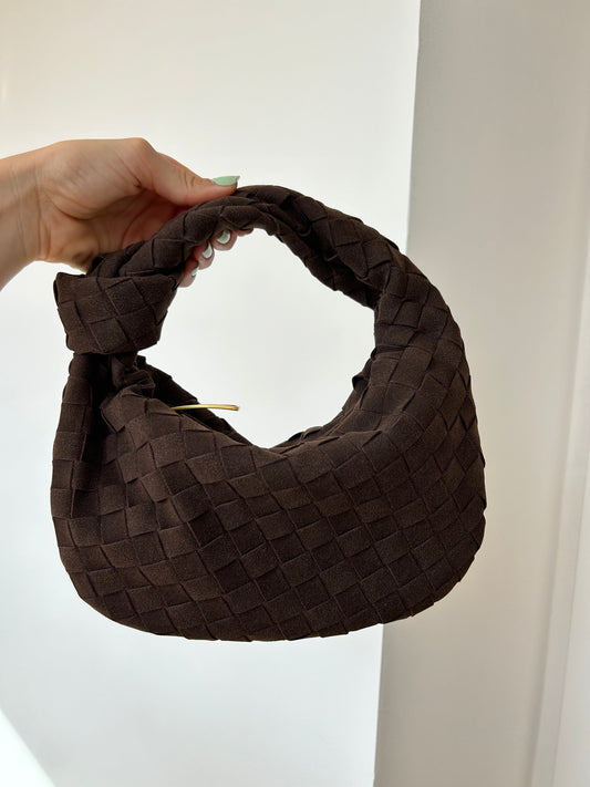 Quiet luxury vegan suede clutch in chocolate brown