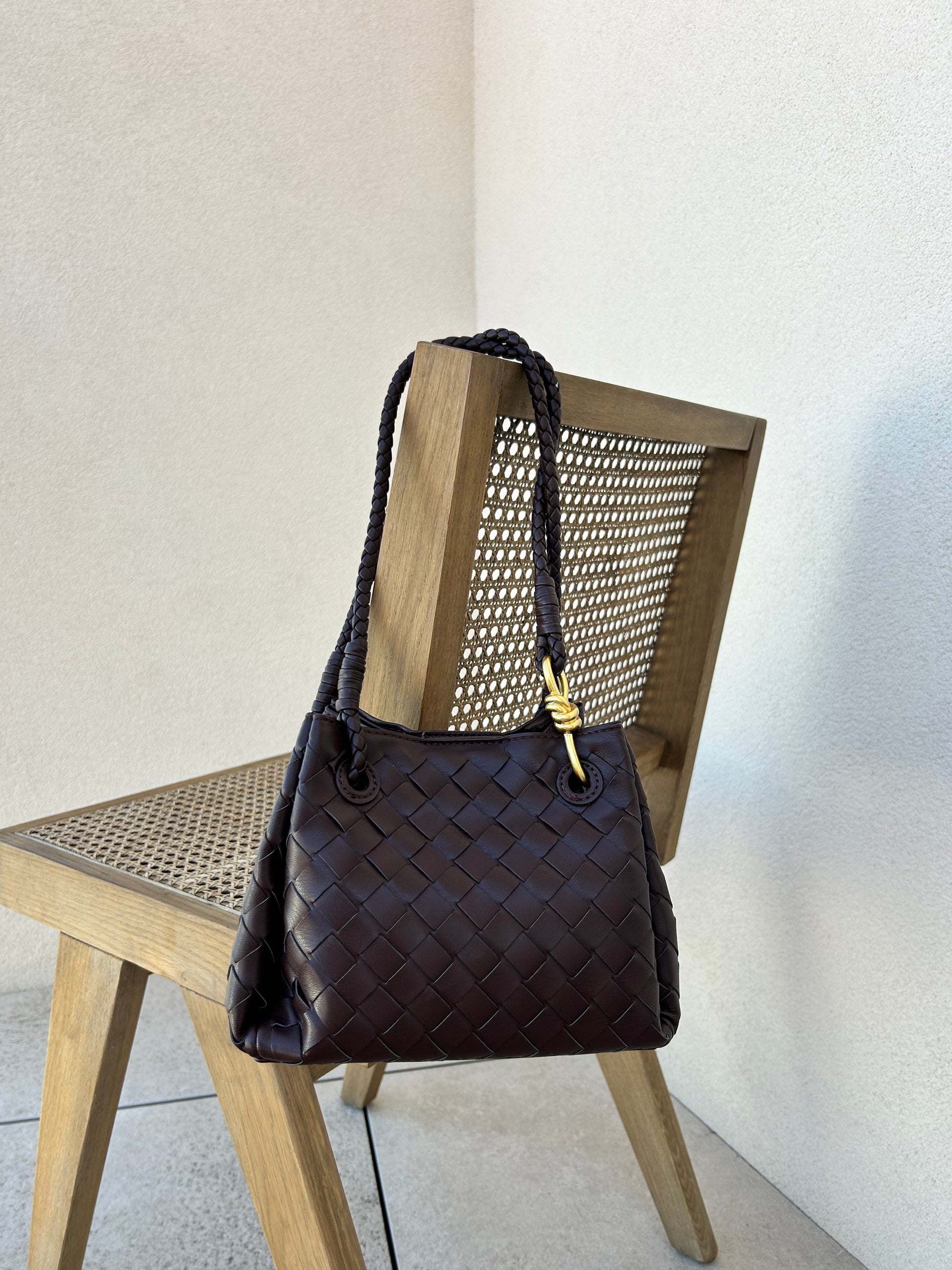 Structured chocolate brown luxury-look handbag with gold hardware