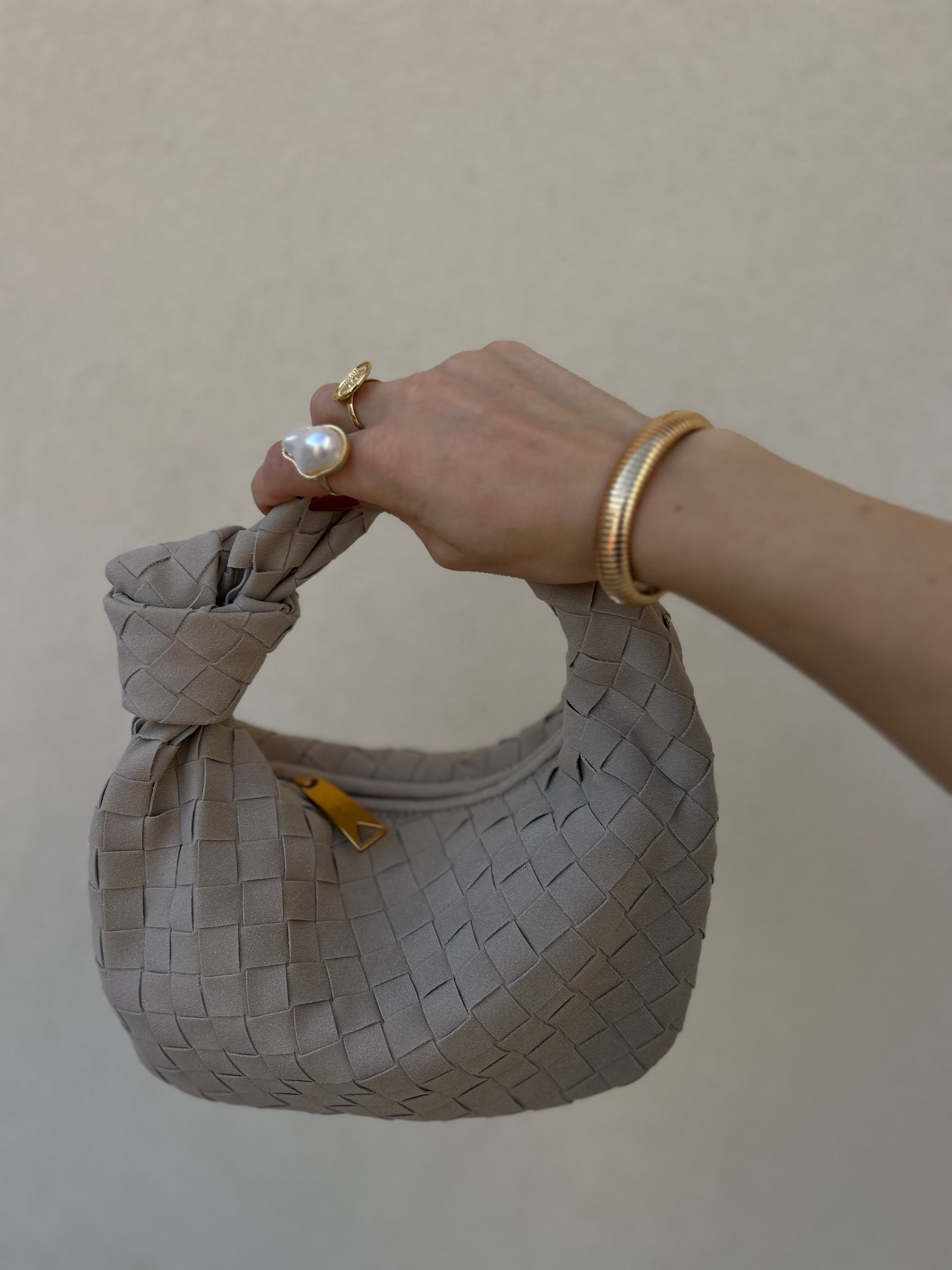 Taupe vegan suede clutch bag outfit inspiration neutral tones