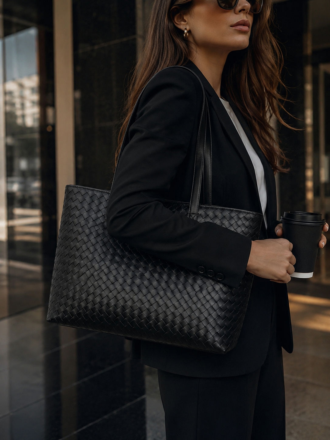 Woman in a black suit holding a textured black handbag and a black coffee cup.