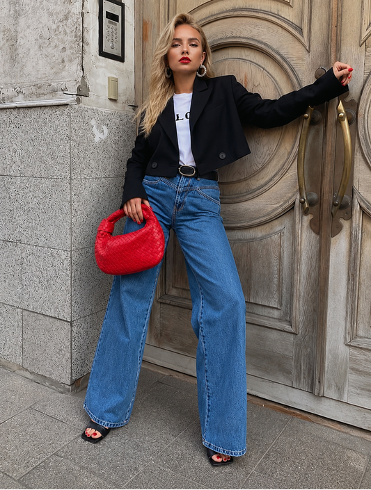 Woman in black jacket, blue jeans, and red handbag standing in front of a large door.