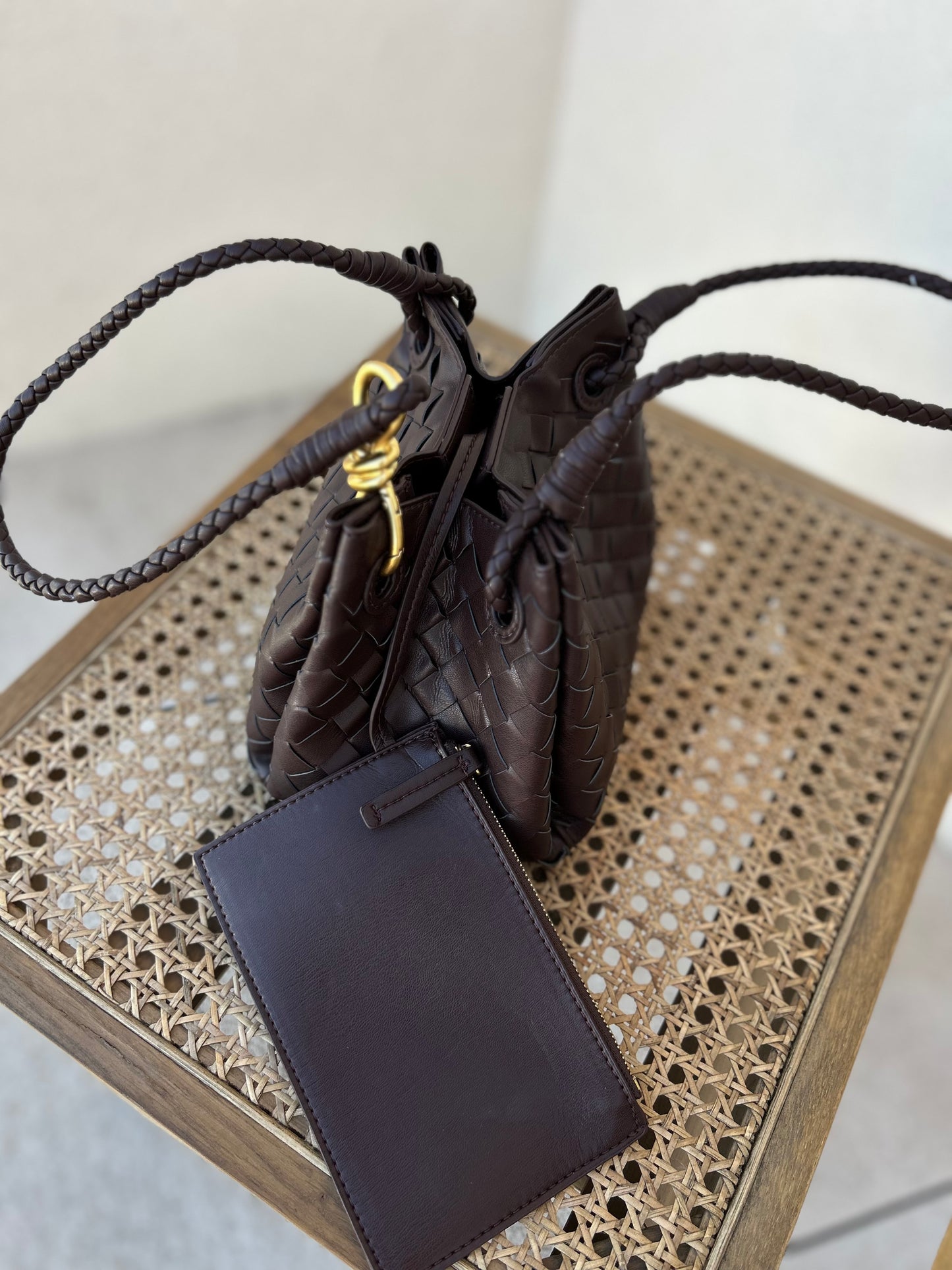 Woven vegan leather bag with removable inner pouch