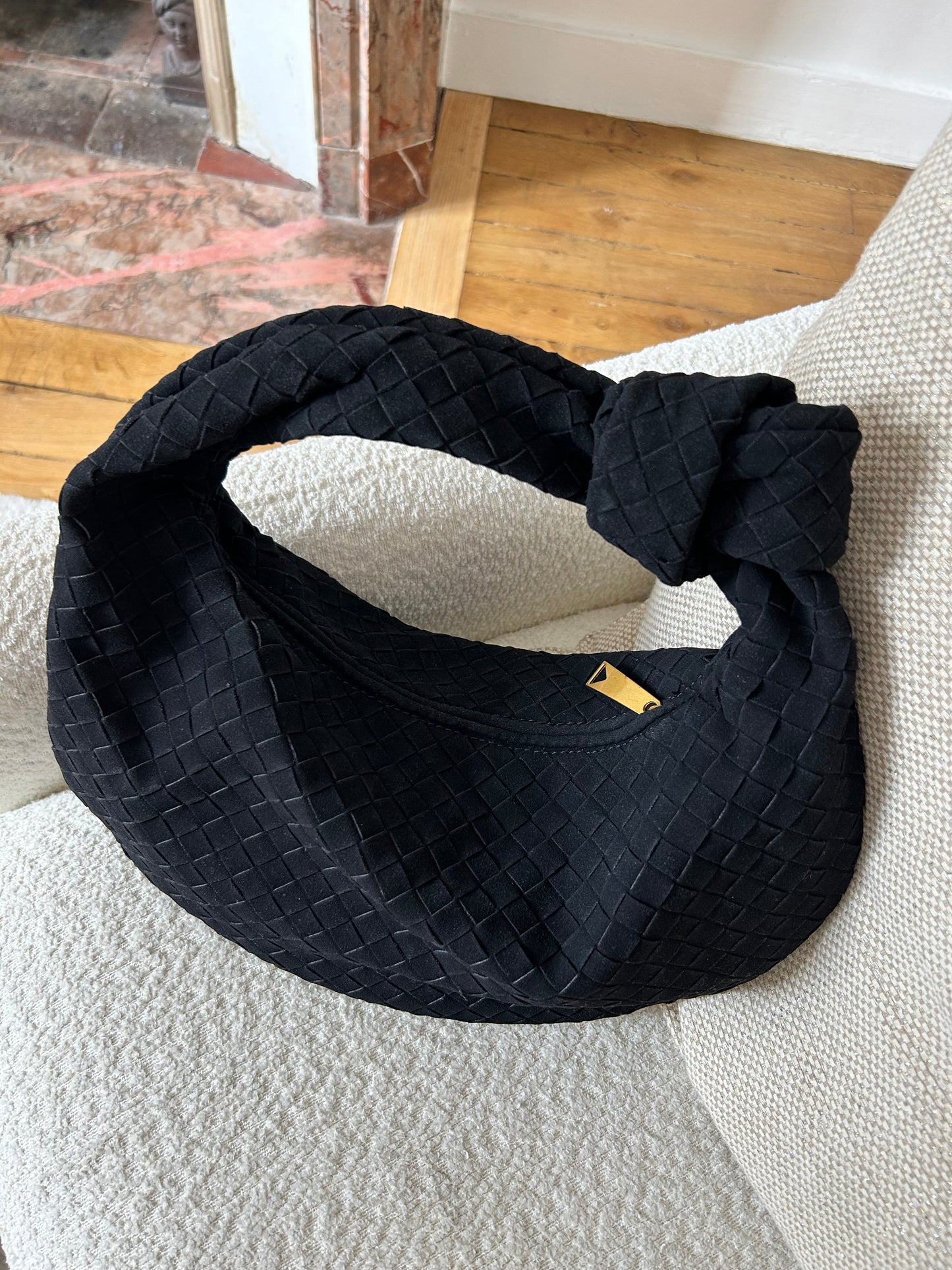 black woven vegan suede shoulder bag