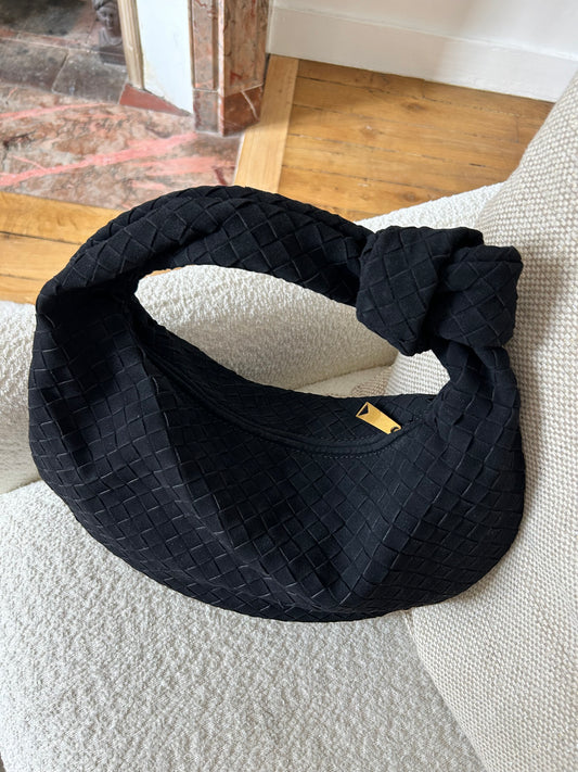 black woven vegan suede shoulder bag