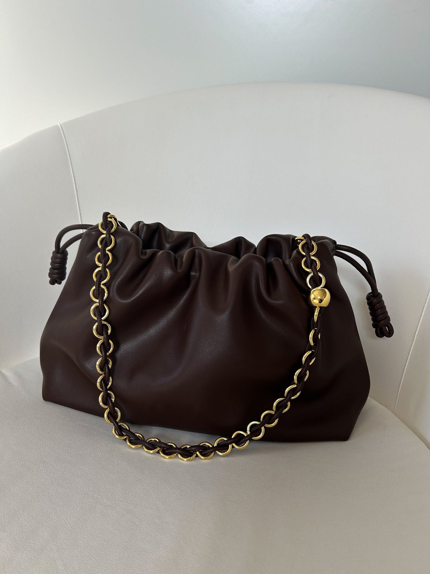 flamenco handbag inspired by Spanish designer, Dark brown vegan leather handbag with gold chain strap – luxury convertible crossbody clutch by PattyB.