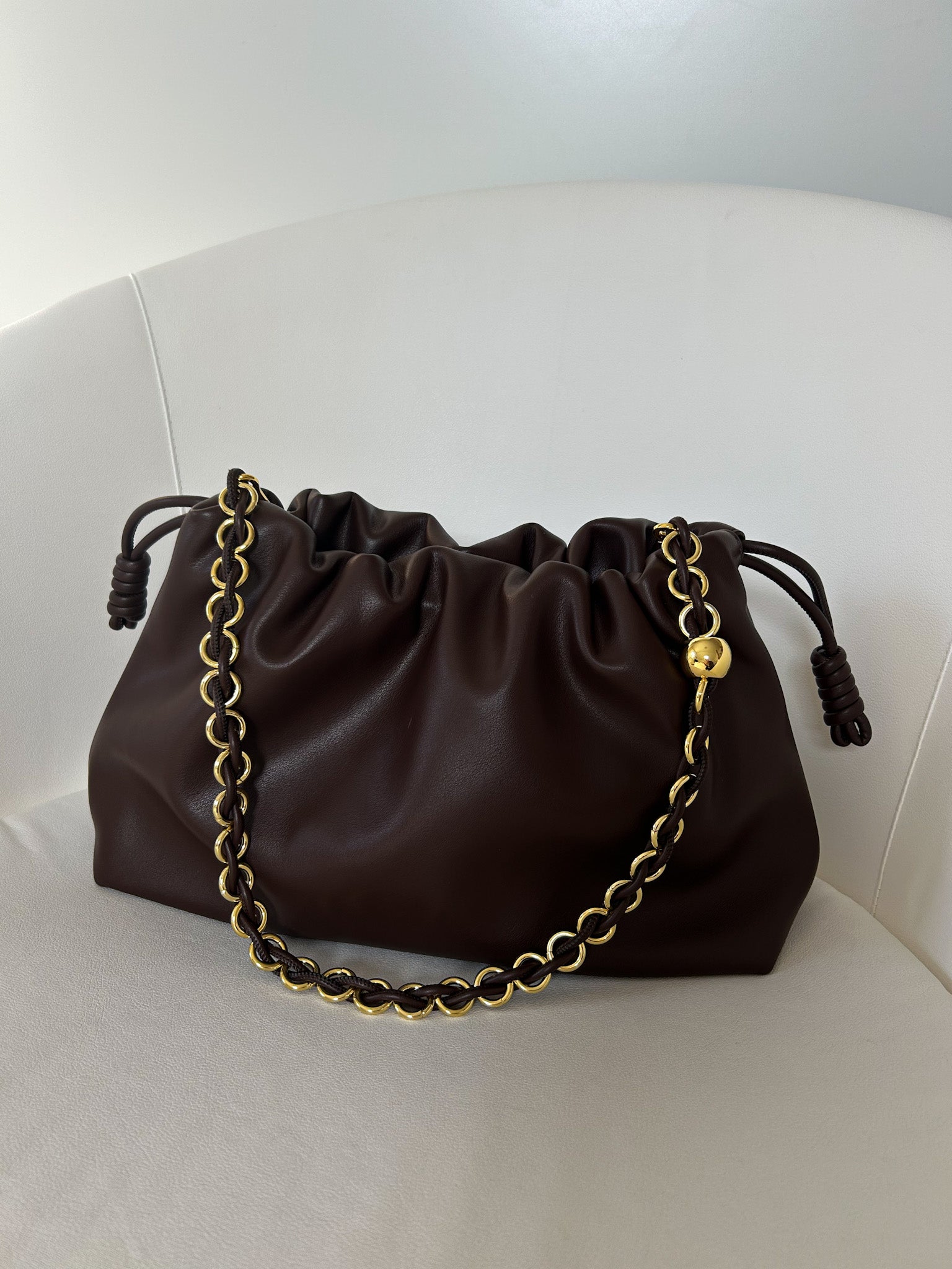flamenco handbag inspired by Spanish designer, Dark brown vegan leather handbag with gold chain strap – luxury convertible crossbody clutch by PattyB.