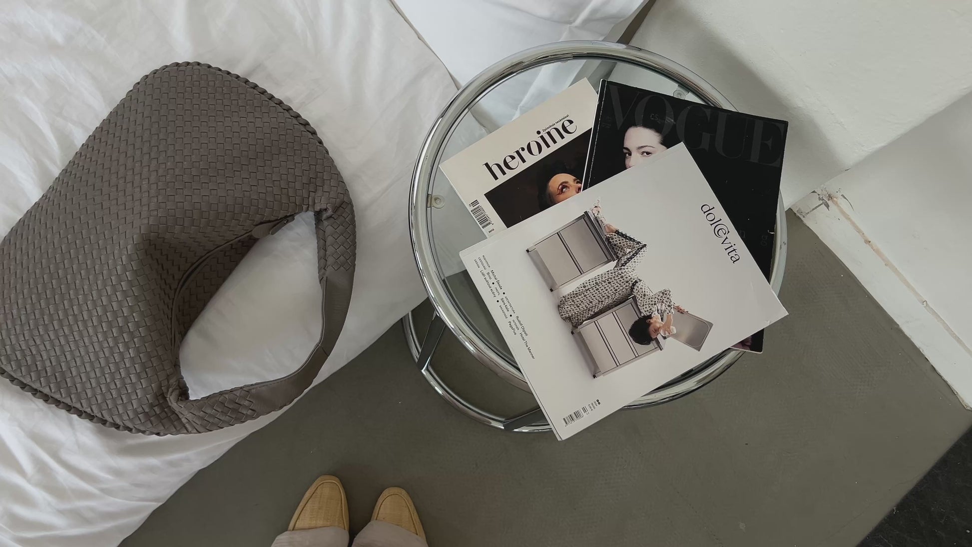 Minimalist shoulder bag neutral tones flatlay aesthetic