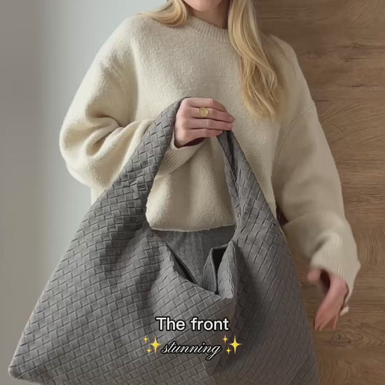 Large vegan suede tote bag styled with neutral everyday outfit for effortless city wear