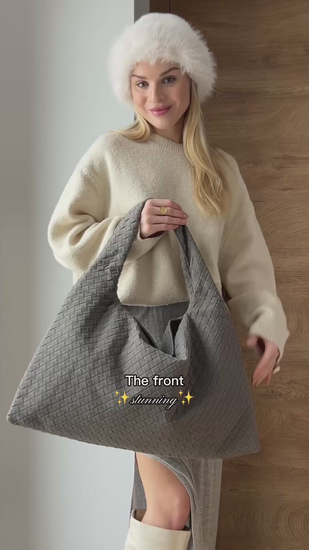 Large vegan suede tote bag styled with neutral everyday outfit for effortless city wear
