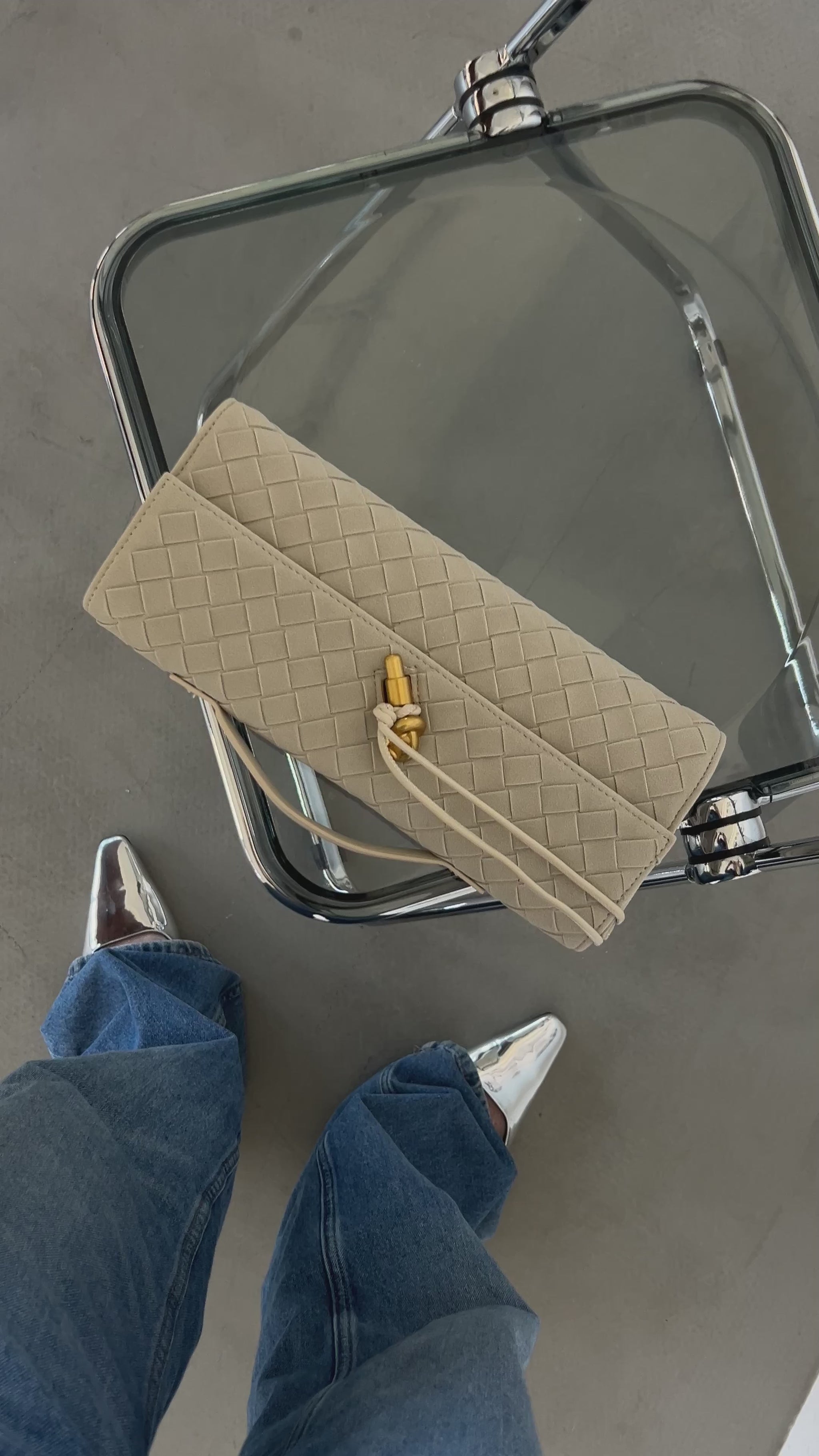 Close-up of soft vegan suede clutch showing clean minimalist design