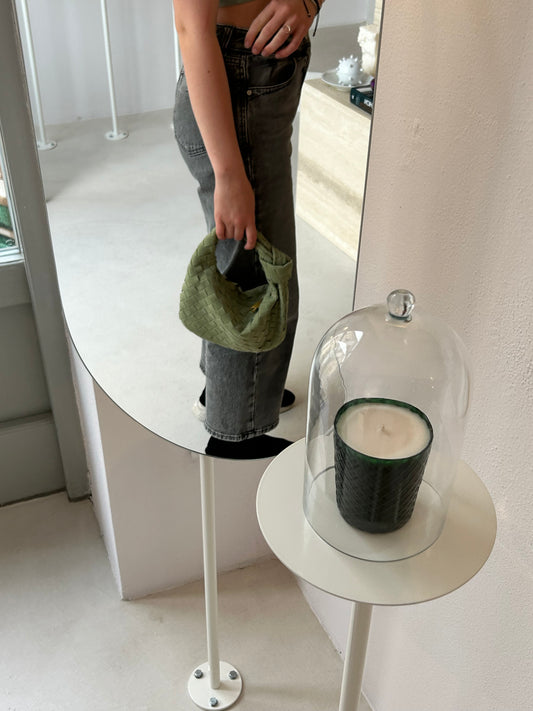 sage green woven clutch bag handheld minimalist aesthetic