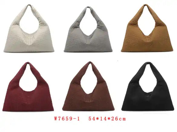 These woven suede bags,crafted from vegan leather,combine elegance and sustainability.Featuring a soft, textured finish, it offers a chic, cruelty-free alternative with spacious interior and durable design, perfect for everyday. selection of woven bags